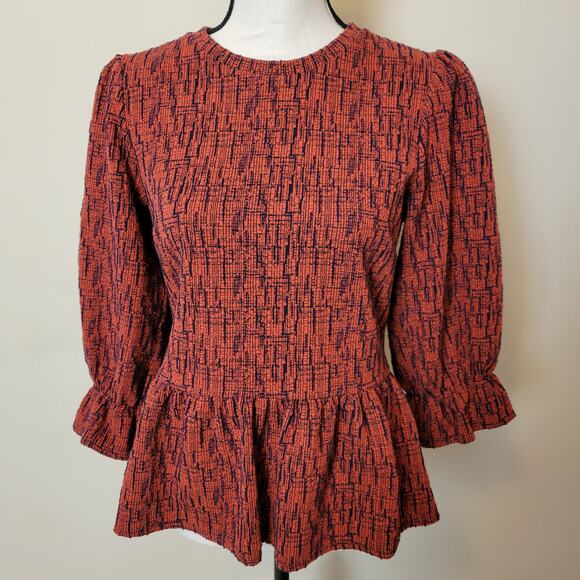 Anthropologie RO+DE Size XS Pullover Ruffle Sleeve Peplum Top Burnt Orange Navy - Picture 1 of 10